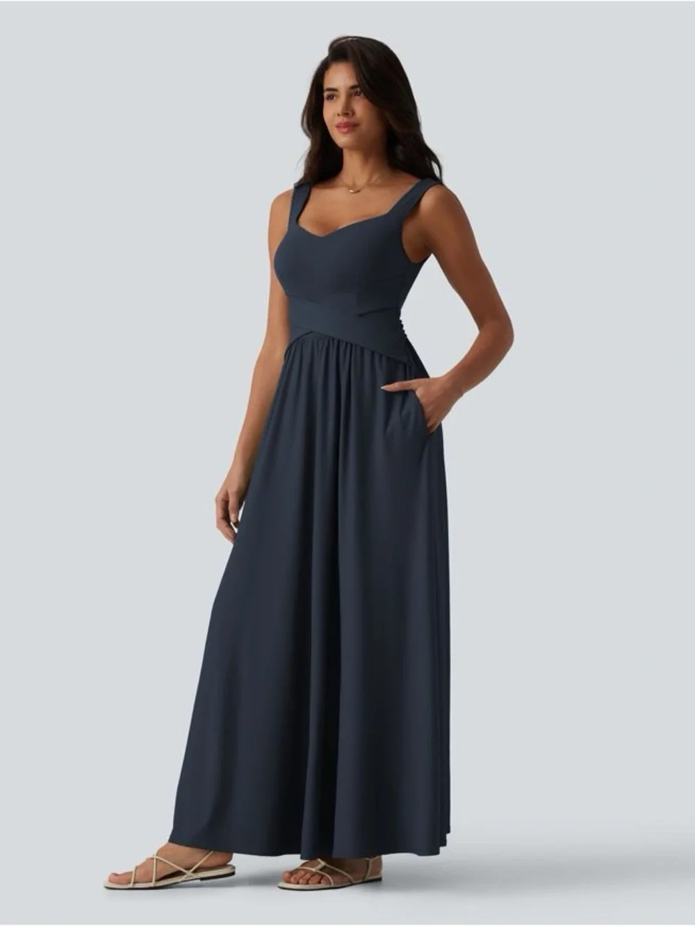 Halara Built in Bra Flowy Maxi Casual Dress w/Pockets Navy Blue Sz M NWT
